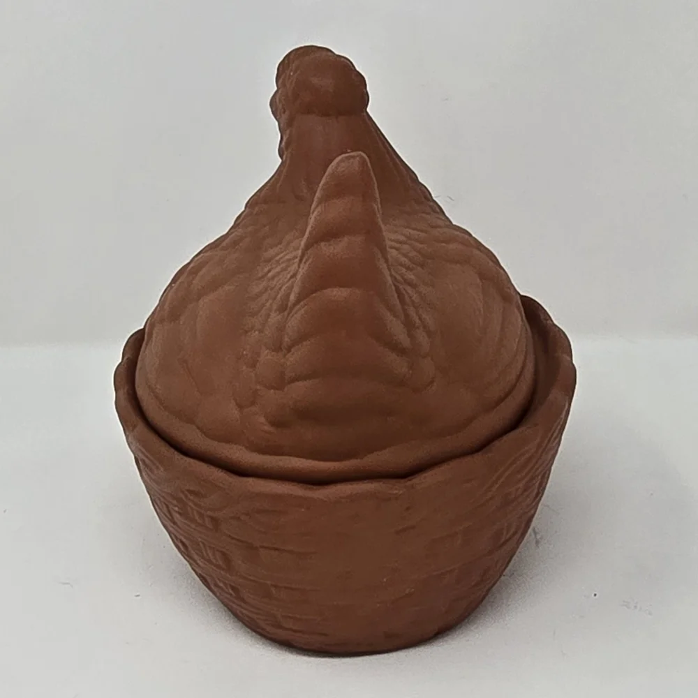 Vtg Terracotta hen on nest basket baker trinket‎ box glazed country cottagecore